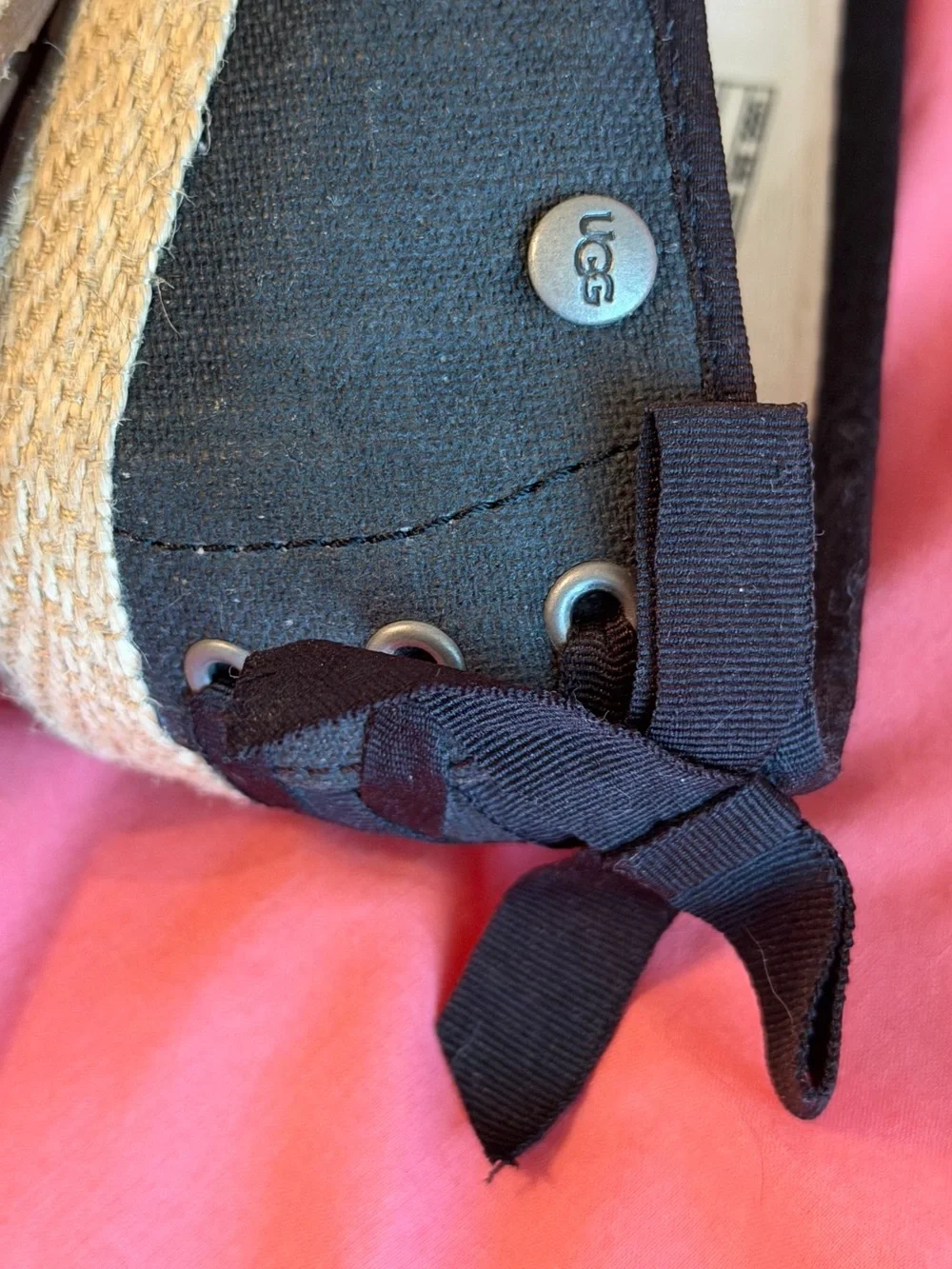 UGG Black Canvas Espadrille Flats with Bow Trim